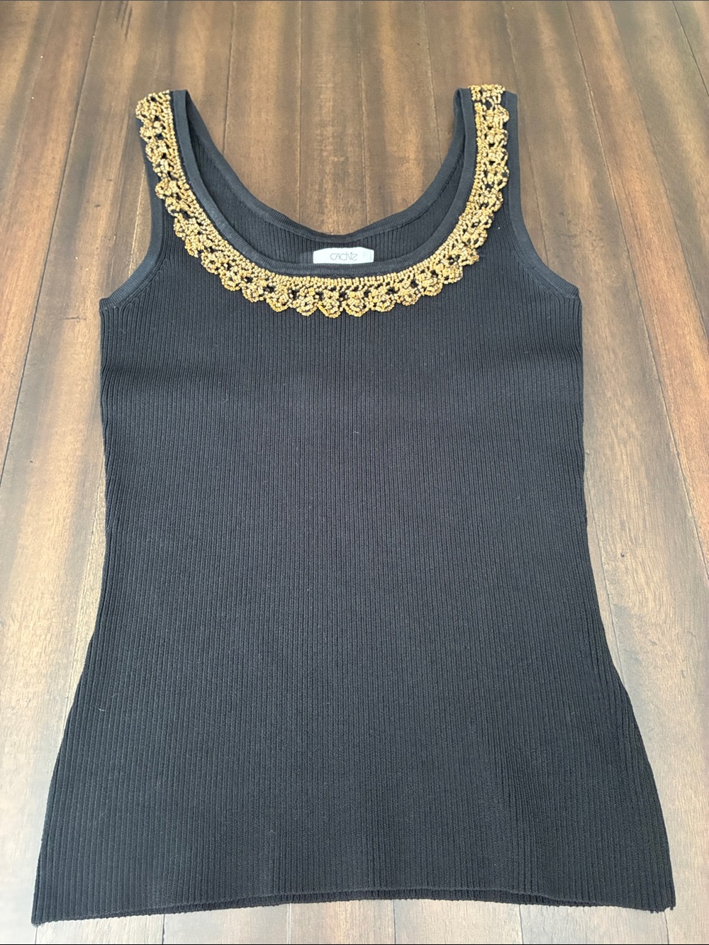 Cache Black Ribbed Tank with Gold Crochet Neckline